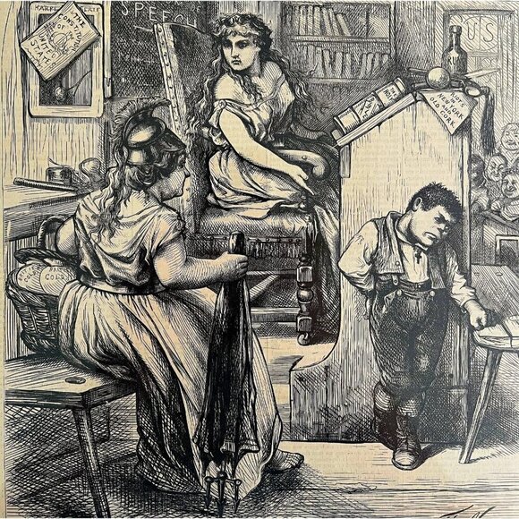 Thomas Nast Public School Satire 1871 Victorian Woodcut Engraving LGBinTN2 - Picture 1 of 2